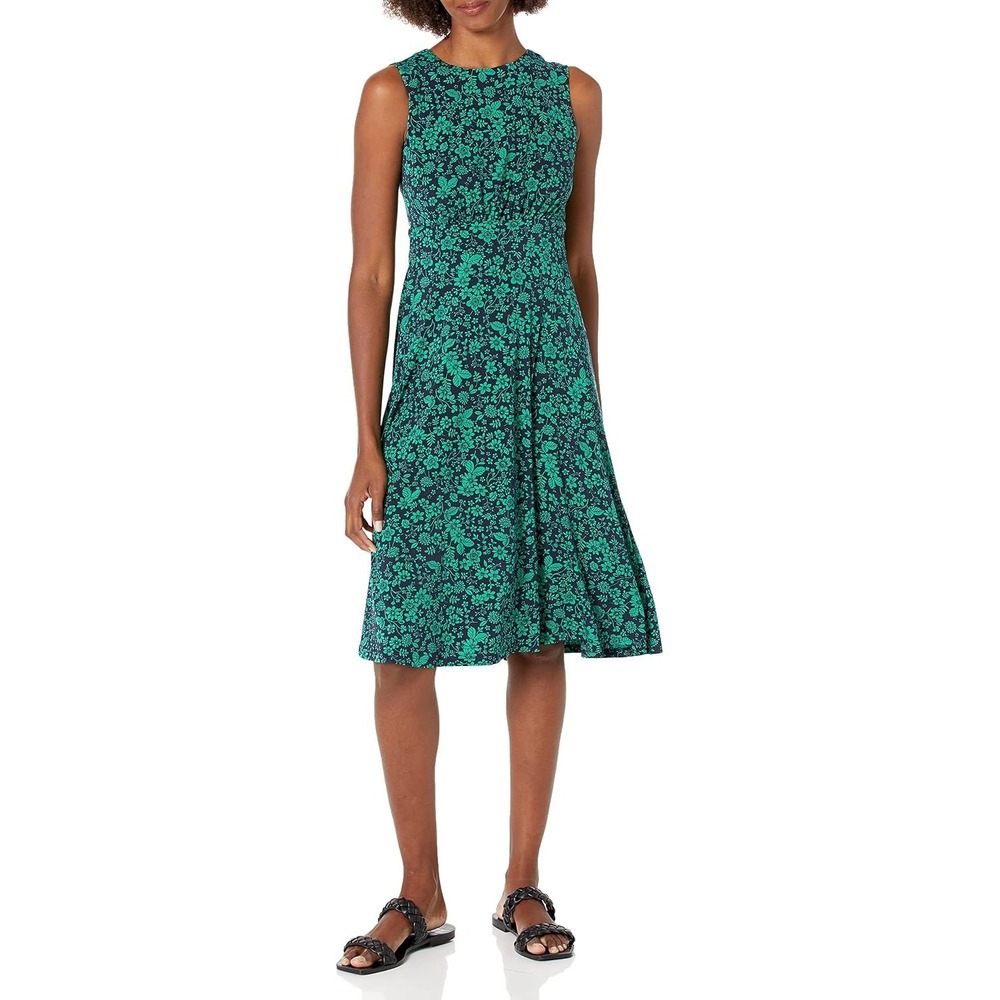 London Times Navy Green Floral Sleeveless Fit and Flare Midi Dress T6257M Size 6